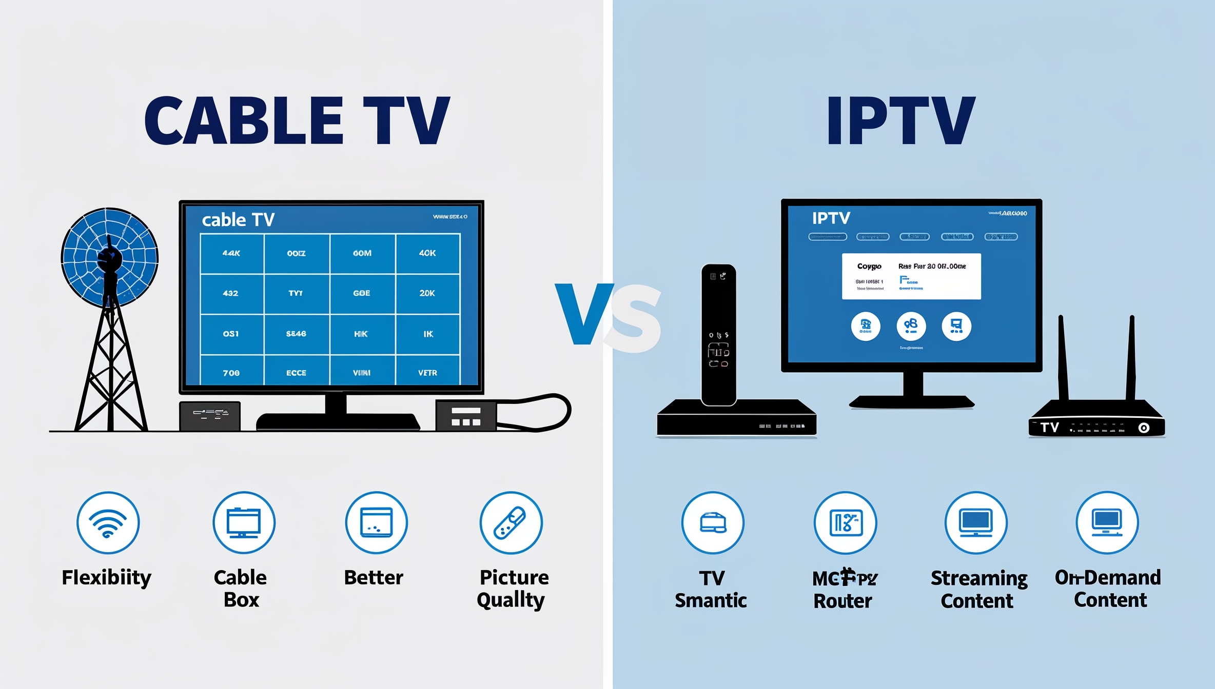 Grafička usporedba IPTV-a i tradicionalne televizije, s naglaskom na fleksibilnost i kvalitetu slike